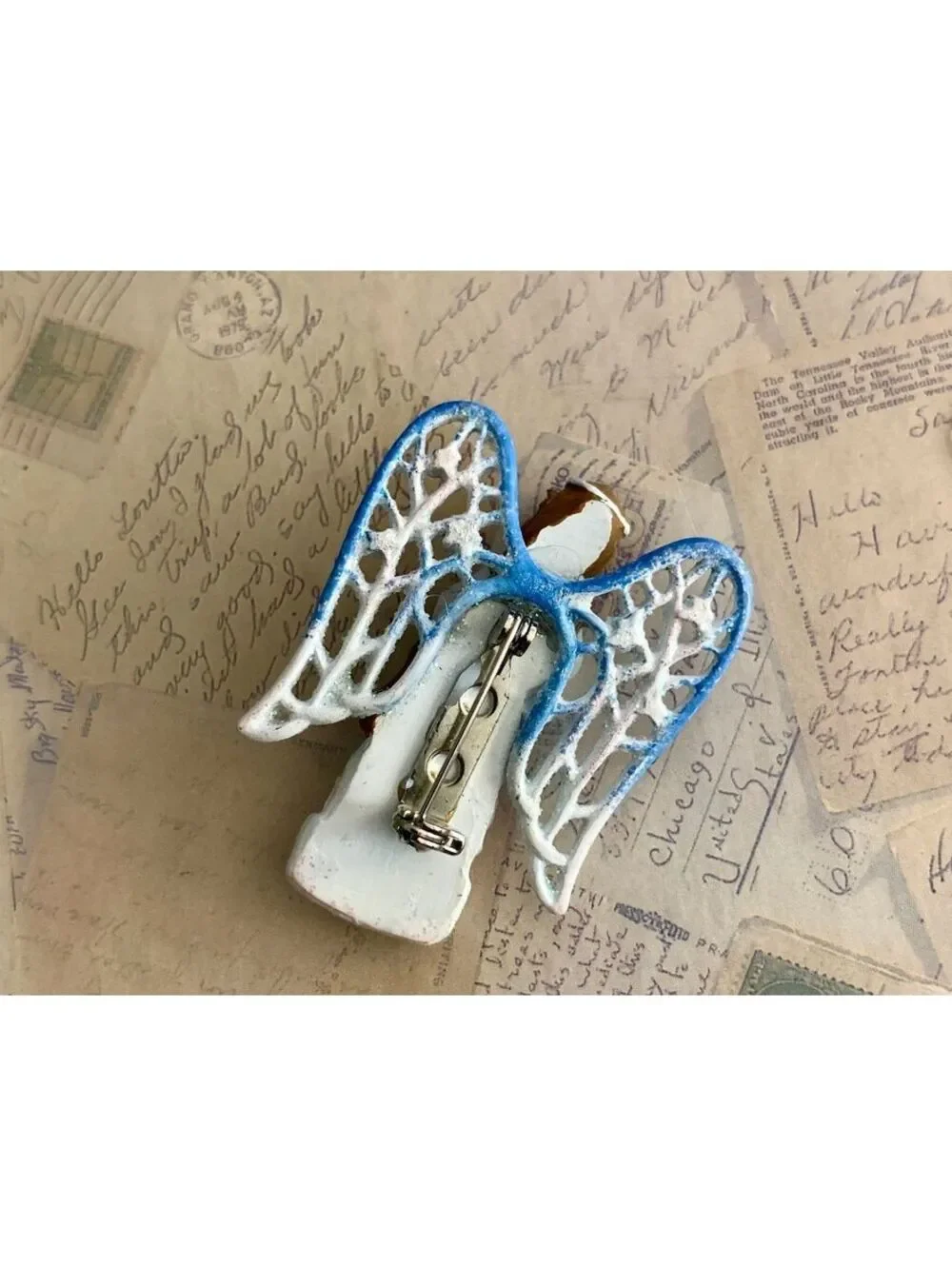 Vintage Whimsical Angel Brooch with Delicate Blue and White Wings
